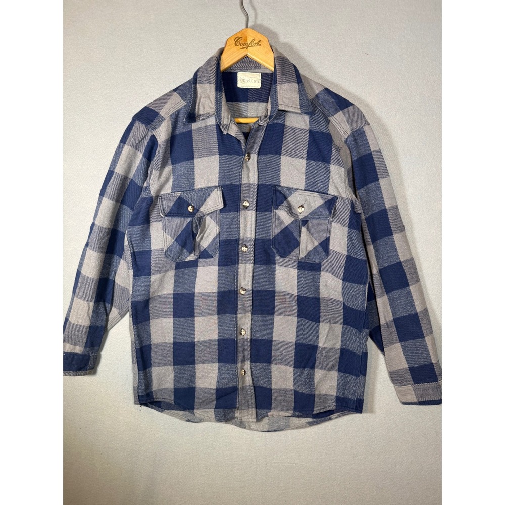 Vintage Melton Wintermaster Flannel Shirt Blue Gray Plaid Made in USA Mens L - Picture 2 of 6